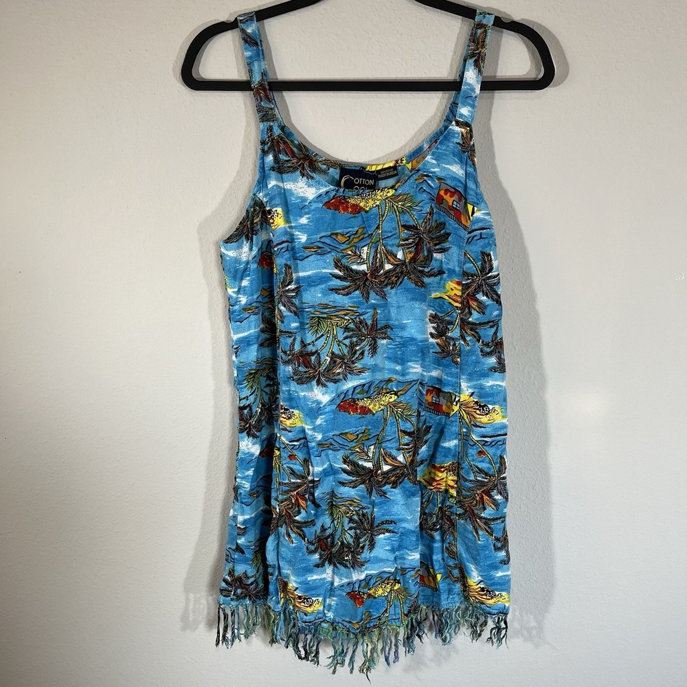 VTG 90s Tropical Vacation Mini Dress Size M Rayon Fringe Island Palm Tree Cruise